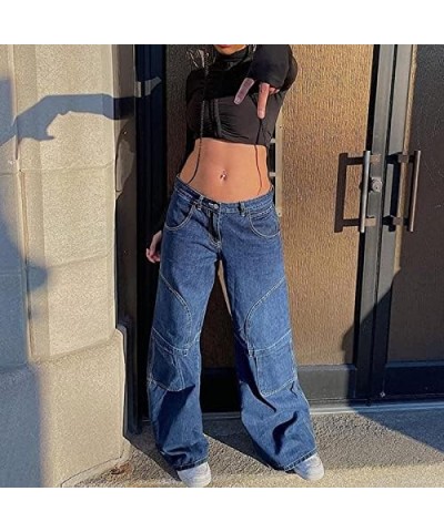 Women's High Waist Baggy Jeans Flap Pocket Relaxed Fit Straight Wide Leg Y2K Fashion Cargo Jeans L Blue $21.44 Jeans