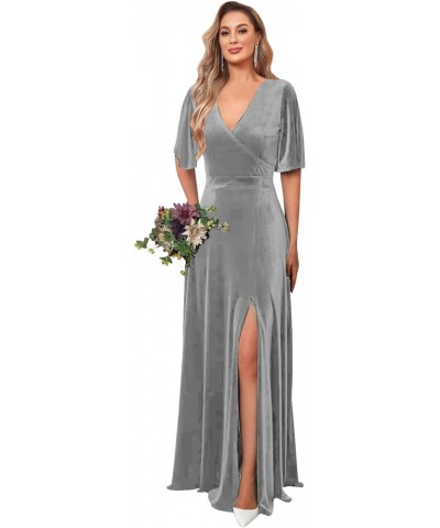 V Neck Velvel Bridesmaid Dresses with Sleeves for Women Wedding Slit A Line Long Formal Dress Evening Gown Silver $32.93 Dresses