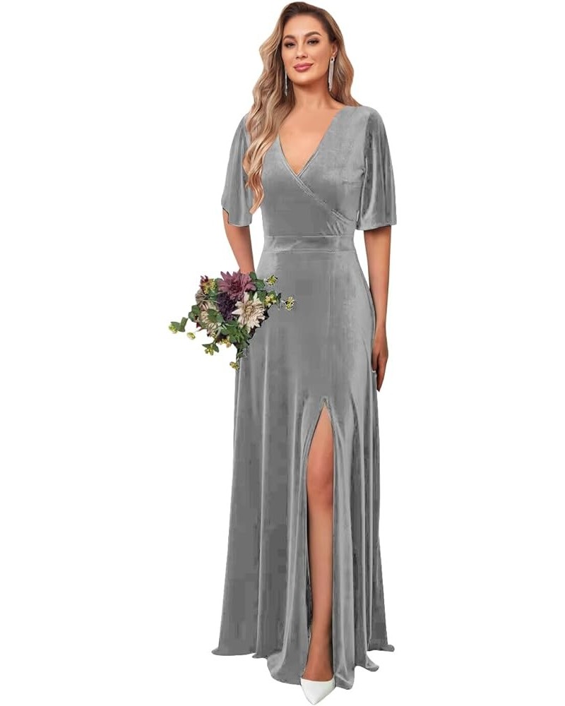 V Neck Velvel Bridesmaid Dresses with Sleeves for Women Wedding Slit A Line Long Formal Dress Evening Gown Silver $32.93 Dresses