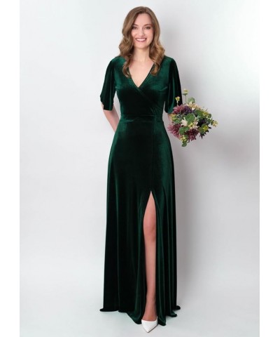 V Neck Velvel Bridesmaid Dresses with Sleeves for Women Wedding Slit A Line Long Formal Dress Evening Gown Silver $32.93 Dresses