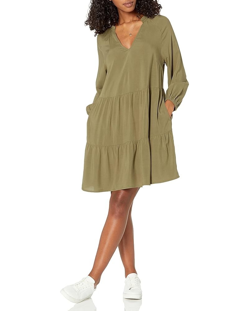 Women's Ruffle-Neck Tiered Mini Dress Olive $14.72 Dresses