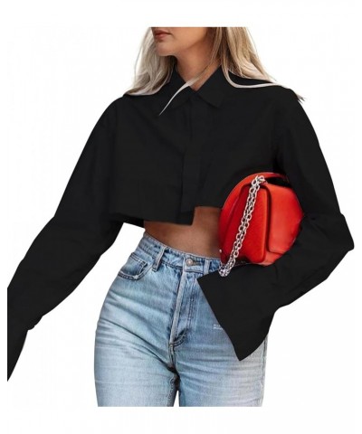 Women Solid Long Sleeve Button Up Crop Shirt Turn-Down Collar Irregular Loose Fitting Fashion Cropped Blouse Top Black $17.66...