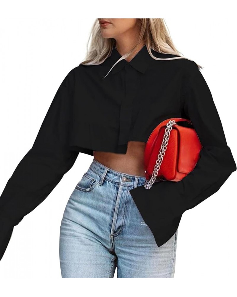 Women Solid Long Sleeve Button Up Crop Shirt Turn-Down Collar Irregular Loose Fitting Fashion Cropped Blouse Top Black $17.66...