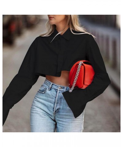 Women Solid Long Sleeve Button Up Crop Shirt Turn-Down Collar Irregular Loose Fitting Fashion Cropped Blouse Top Black $17.66...