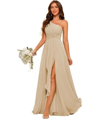 Chiffon One Shoulder Bridesmaid Dresses with Slit A-Line Long Formal Party Dress with Pockets RO022 Champagne $32.34 Dresses