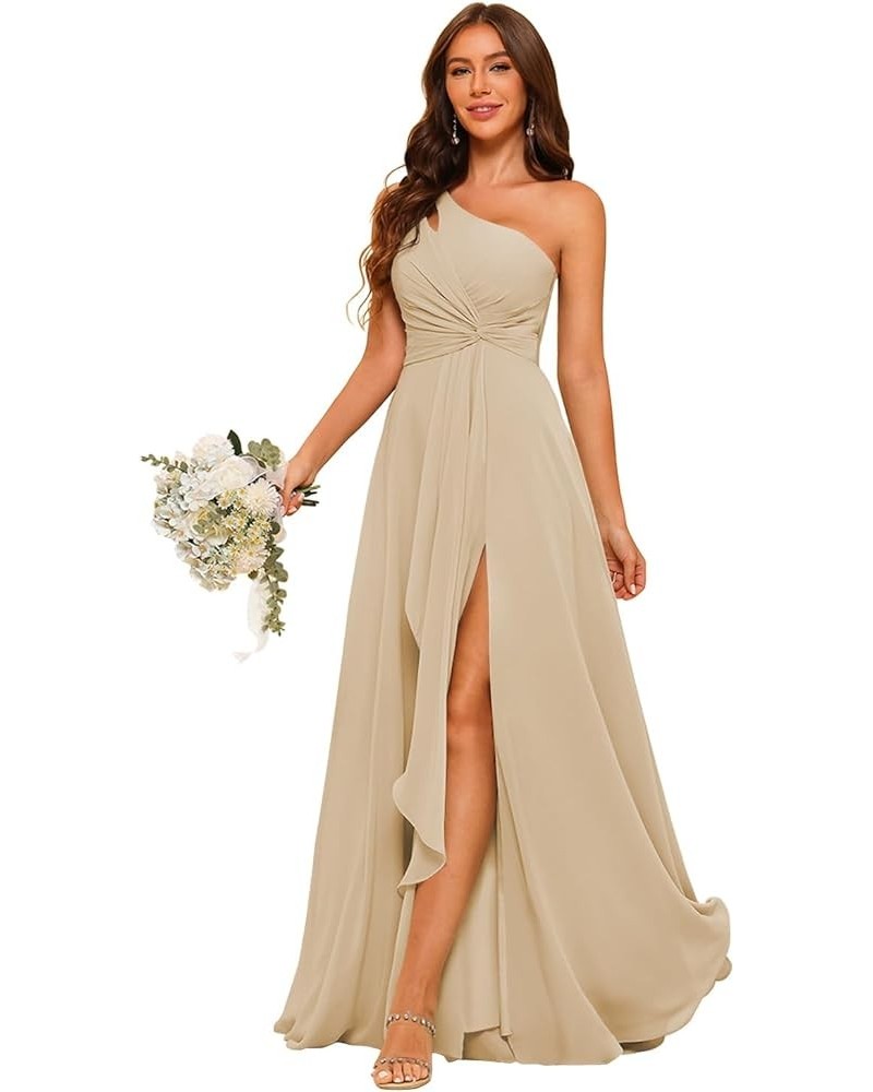 Chiffon One Shoulder Bridesmaid Dresses with Slit A-Line Long Formal Party Dress with Pockets RO022 Champagne $32.34 Dresses