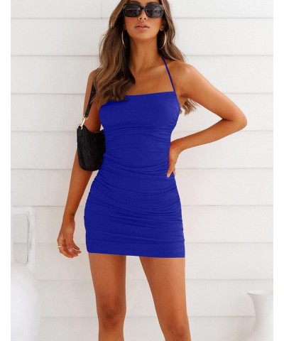 Women's Sexy Halter Bodycon Backless Ruched Spaghetti Strap Mini Club Party Dresses Royal Blue $20.39 Dresses