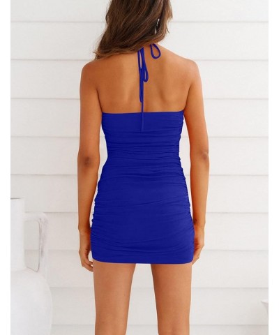 Women's Sexy Halter Bodycon Backless Ruched Spaghetti Strap Mini Club Party Dresses Royal Blue $20.39 Dresses