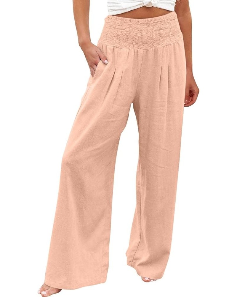 Women Linen Pants Summer Palazzo Boho Wide Leg Pants High Waist Lounge Pant Beach Flowy Casual Trousers with Pockets A06-pink...