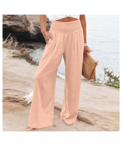 Women Linen Pants Summer Palazzo Boho Wide Leg Pants High Waist Lounge Pant Beach Flowy Casual Trousers with Pockets A06-pink...