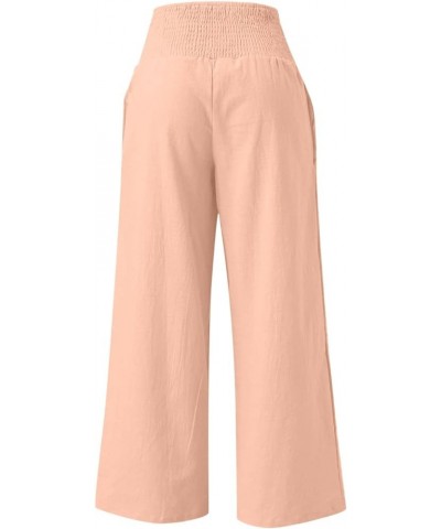 Women Linen Pants Summer Palazzo Boho Wide Leg Pants High Waist Lounge Pant Beach Flowy Casual Trousers with Pockets A06-pink...