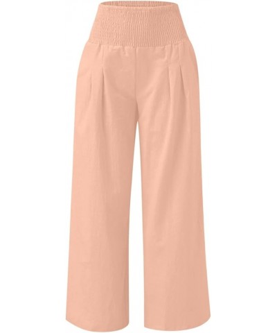 Women Linen Pants Summer Palazzo Boho Wide Leg Pants High Waist Lounge Pant Beach Flowy Casual Trousers with Pockets A06-pink...