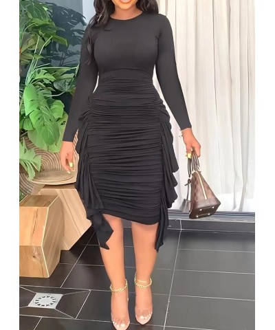 Womens Elegant Bodycon Ruched Midi Dress Flounce Trim Side Ruffle Casual Party Dresses Clubwear L-black $27.43 Dresses