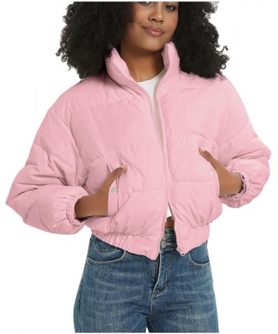 Winter Jackets for Women Winter Long Sleeve Zip Short Women Crop Puffer Jacket Warm Spliced Jackets Cropped Pink $13.95 Jackets