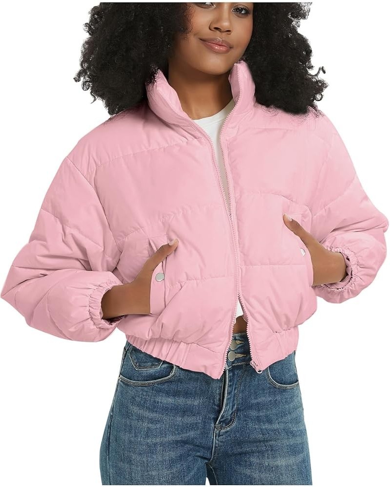 Winter Jackets for Women Winter Long Sleeve Zip Short Women Crop Puffer Jacket Warm Spliced Jackets Cropped Pink $13.95 Jackets