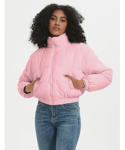 Winter Jackets for Women Winter Long Sleeve Zip Short Women Crop Puffer Jacket Warm Spliced Jackets Cropped Pink $13.95 Jackets