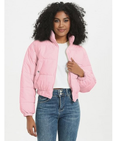 Winter Jackets for Women Winter Long Sleeve Zip Short Women Crop Puffer Jacket Warm Spliced Jackets Cropped Pink $13.95 Jackets