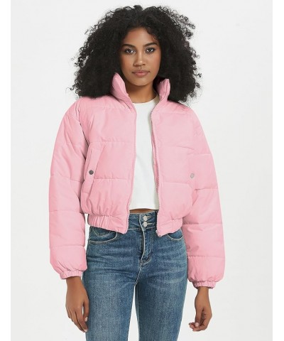 Winter Jackets for Women Winter Long Sleeve Zip Short Women Crop Puffer Jacket Warm Spliced Jackets Cropped Pink $13.95 Jackets