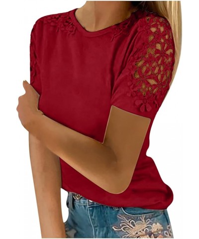 2023 Womens Summer Tops Plus Size Crewneck Floral Tshirts Trendy Lace Short Sleeve Basic Tees Dressy Casual Blouses B Red $7....