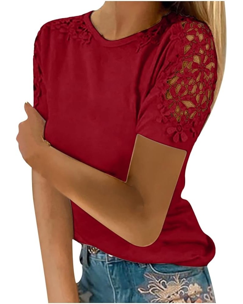 2023 Womens Summer Tops Plus Size Crewneck Floral Tshirts Trendy Lace Short Sleeve Basic Tees Dressy Casual Blouses B Red $7....