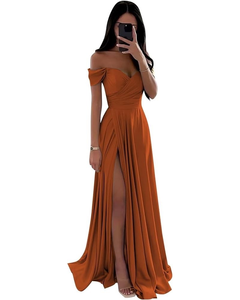 Off The Shoulder Satin Bridesmaid Dresses A Line Ruffled Prom Formal Dress with Slit Burnt Orange $26.40 Dresses