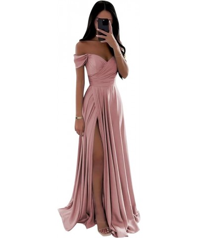 Off The Shoulder Satin Bridesmaid Dresses A Line Ruffled Prom Formal Dress with Slit Burnt Orange $26.40 Dresses