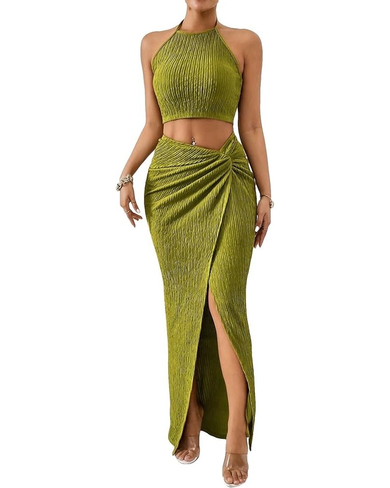 Women's 2 Piece Outfits Strapless Tube Top and Twist Front Split Thigh Skirt Green $21.83 Suits