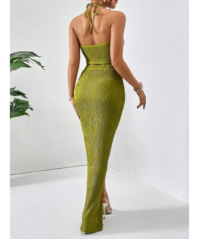 Women's 2 Piece Outfits Strapless Tube Top and Twist Front Split Thigh Skirt Green $21.83 Suits