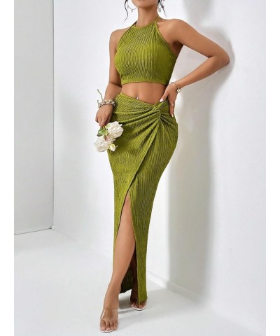 Women's 2 Piece Outfits Strapless Tube Top and Twist Front Split Thigh Skirt Green $21.83 Suits