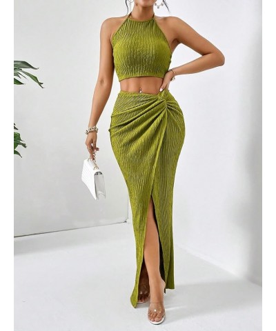 Women's 2 Piece Outfits Strapless Tube Top and Twist Front Split Thigh Skirt Green $21.83 Suits