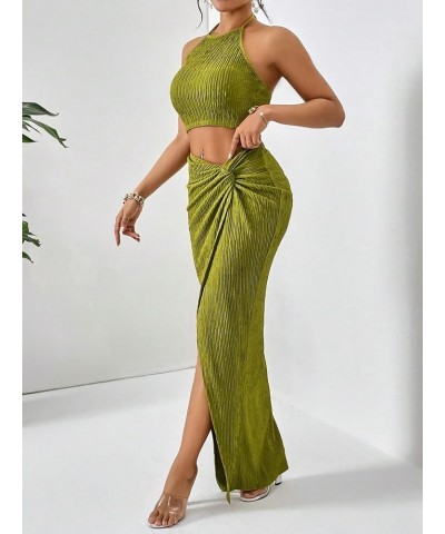 Women's 2 Piece Outfits Strapless Tube Top and Twist Front Split Thigh Skirt Green $21.83 Suits