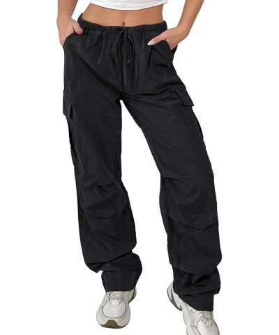 Women's Parachute Cargo Pants Y2K Baggy Drawstring Elastic Waist Casual Trousers with Pockets Black $19.79 Pants