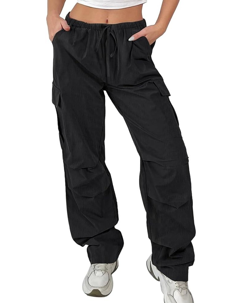 Women's Parachute Cargo Pants Y2K Baggy Drawstring Elastic Waist Casual Trousers with Pockets Black $19.79 Pants