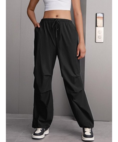 Women's Parachute Cargo Pants Y2K Baggy Drawstring Elastic Waist Casual Trousers with Pockets Black $19.79 Pants