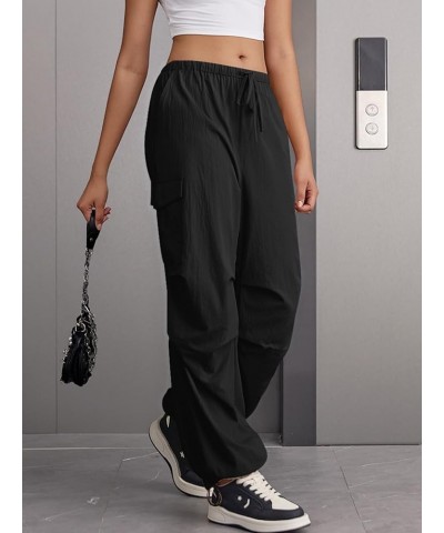 Women's Parachute Cargo Pants Y2K Baggy Drawstring Elastic Waist Casual Trousers with Pockets Black $19.79 Pants