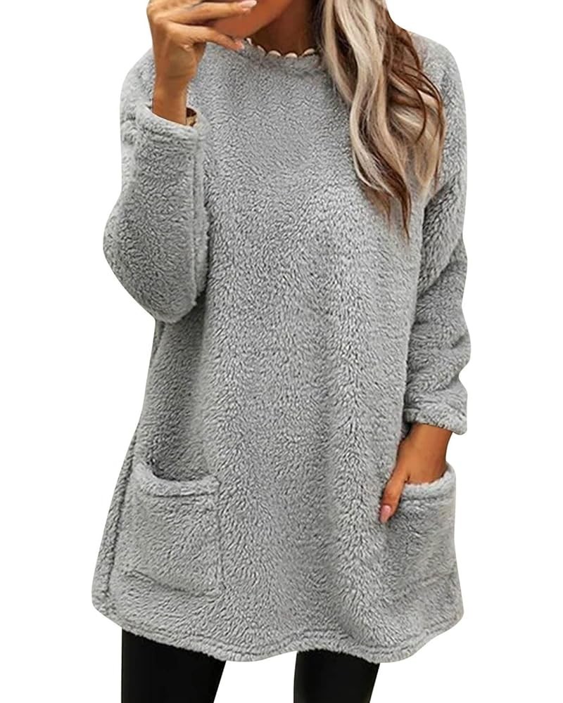 Sweatshirt For Women Fall Winter Plus Size Loose Casual Solid Crewneck Long Sleeve Fleece Warm Pullover Top Grey $8.22 Uniforms