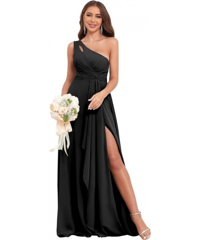 Chiffon One Shoulder Bridesmaid Dresses for Women Wedding 2024 Long Ruffles Formal Evening Party Dress with Slit Black $26.40...