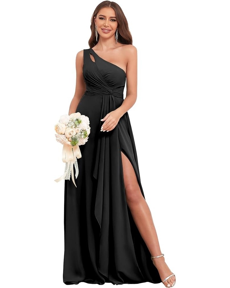 Chiffon One Shoulder Bridesmaid Dresses for Women Wedding 2024 Long Ruffles Formal Evening Party Dress with Slit Black $26.40...