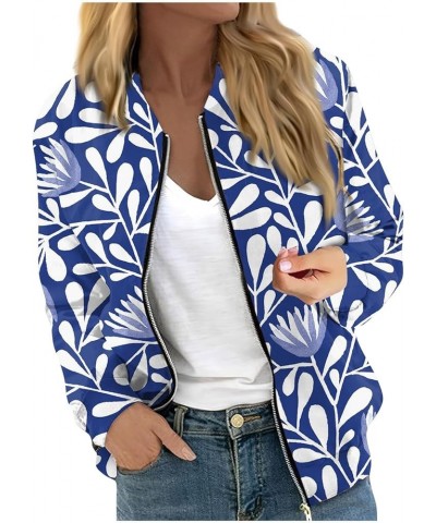 Autumn Womens Ladies Retro Print Floral Zipper Up Bomber Jacket Casual Coat Outwear Jacket 2-blue $6.34 Jackets