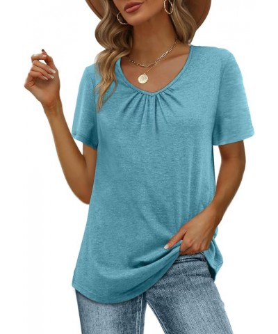 Women's Shirred V-Neck T-Shirts Short-Sleeve Casual Summer Tops 2-turquoise $11.97 T-Shirts