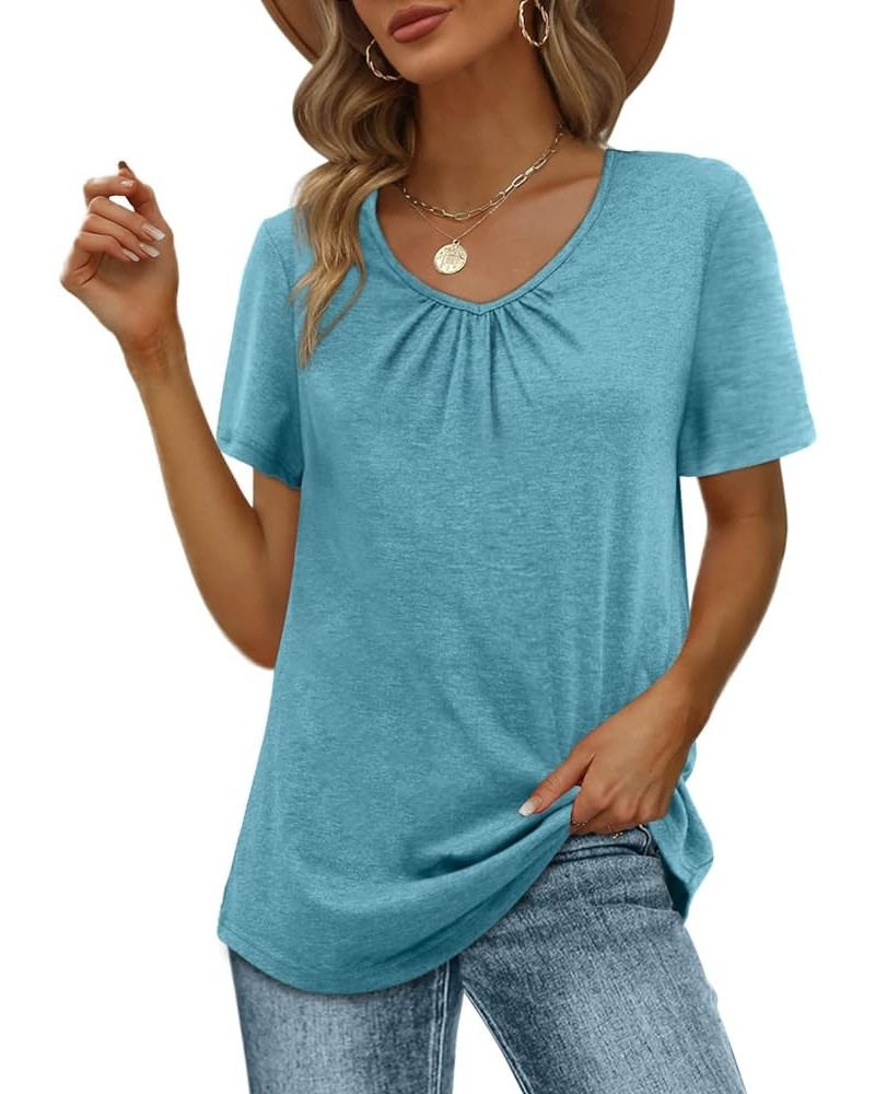 Women's Shirred V-Neck T-Shirts Short-Sleeve Casual Summer Tops 2-turquoise $11.97 T-Shirts