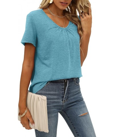 Women's Shirred V-Neck T-Shirts Short-Sleeve Casual Summer Tops 2-turquoise $11.97 T-Shirts