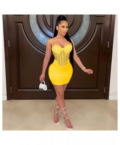 Women Elegant Mesh Sheer Bodycon Mini Dress Spaghetti Strap Pearl Beaded Tunic Cocktail Dress Club Night Yellow $19.68 Dresses