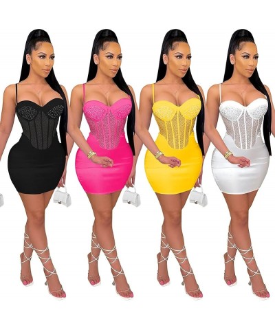 Women Elegant Mesh Sheer Bodycon Mini Dress Spaghetti Strap Pearl Beaded Tunic Cocktail Dress Club Night Yellow $19.68 Dresses