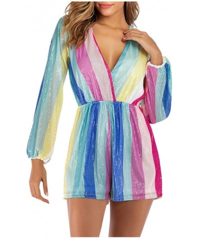 Women V Neck Lantern Long Sleeve Jumpsuits Casual Multicolor Striped Waist Tie Sequin Short Rompers Multicolor $12.71 Rompers