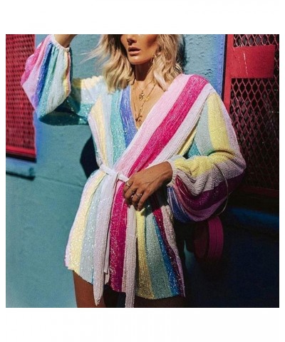 Women V Neck Lantern Long Sleeve Jumpsuits Casual Multicolor Striped Waist Tie Sequin Short Rompers Multicolor $12.71 Rompers