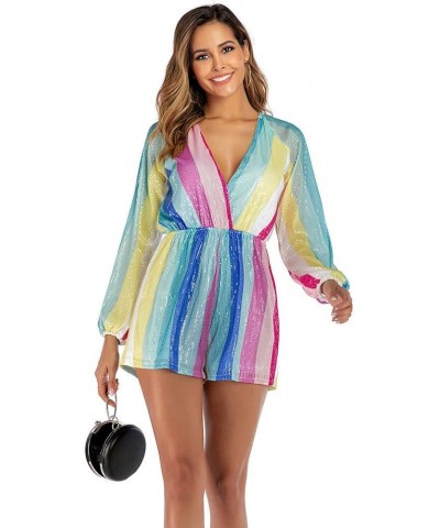 Women V Neck Lantern Long Sleeve Jumpsuits Casual Multicolor Striped Waist Tie Sequin Short Rompers Multicolor $12.71 Rompers