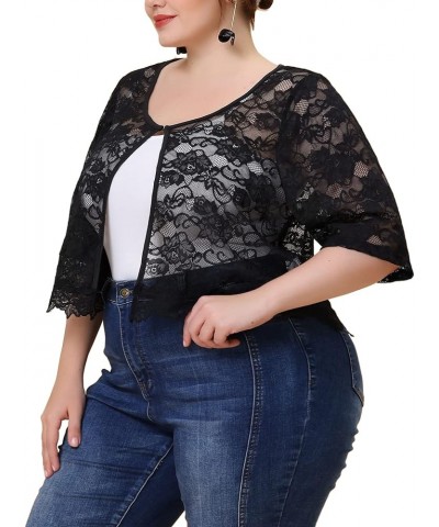 Plus Size Bolero Shrugs Floral for Women 2024 Summer Cardigan 1/2 Sleeve Sheer Lace Shrug Black $17.09 Sweaters