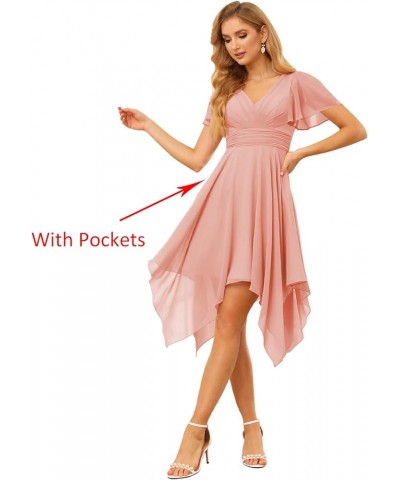 V Neck Short Bridesmaid Dresses with Sleeves Ruched Chiffon A-Line Cocktail Dress for Women with Pockets Coral $34.19 Dresses