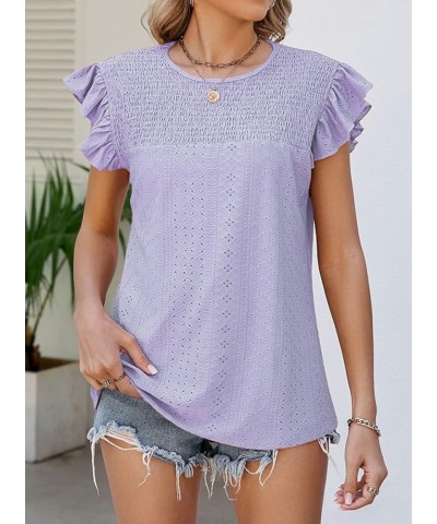 Womens 2023 Summer Flying Sleeve Pleat Stitching Crewneck Eyelet Tops T-Shirt Purple $13.24 T-Shirts